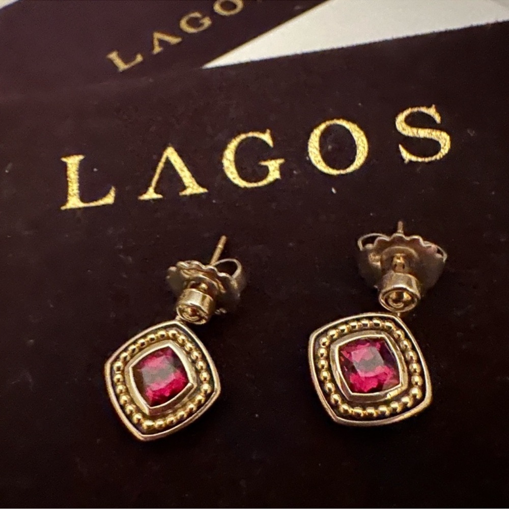LAGOS Gold & Silver Drop Earrings with Rhodolite Center Stones